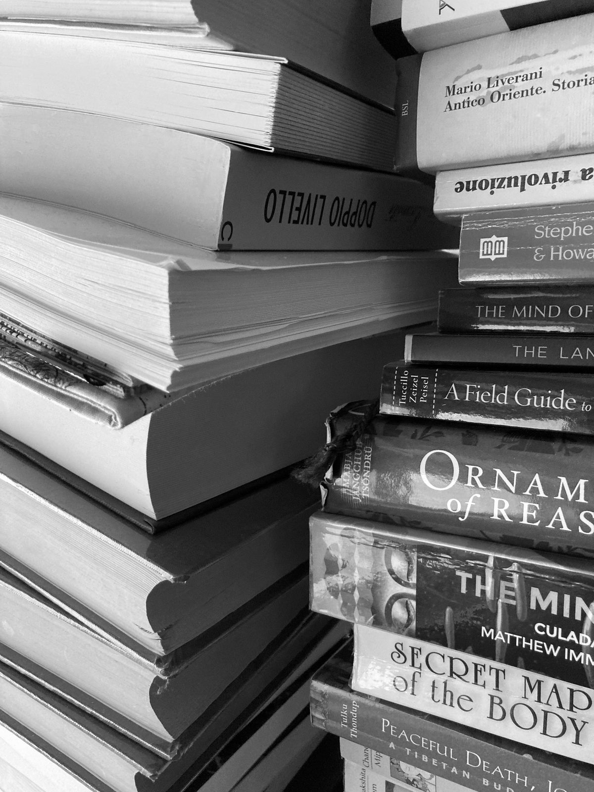 A tall stack of books on physics and on the mind, seen close up, in black and white.