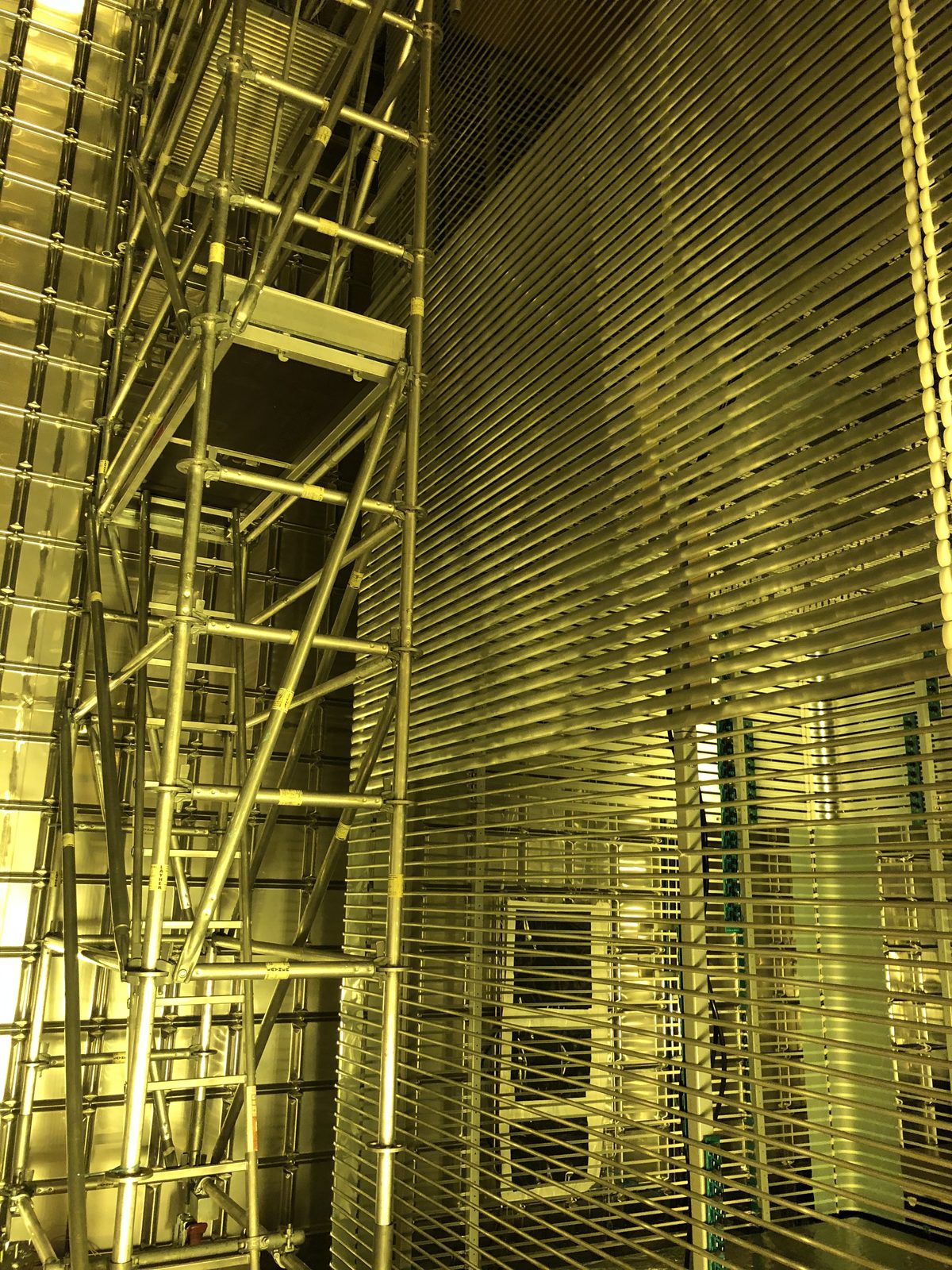 Inside the ProtoDUNE vertical-drift detector at CERN: field cage and steel walls of the liquid-argon chamber.